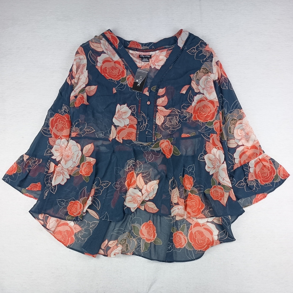 NWT City Chic Hi-Low Mya Floral Top In Navy Gardenia Size 22W/3X - Picture 2 of 7